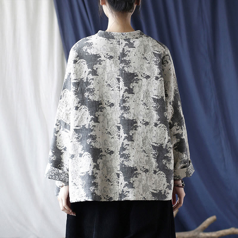 Black Gray Print Frog-button Design Long Sleeve Cotton Linen Jacket Shirt With Pockets