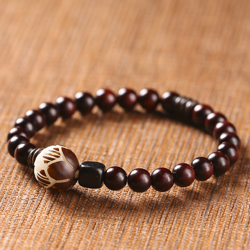 Carved Red Sandalwood and Lotus Bodhi Seed Double Wrap Bracelet
