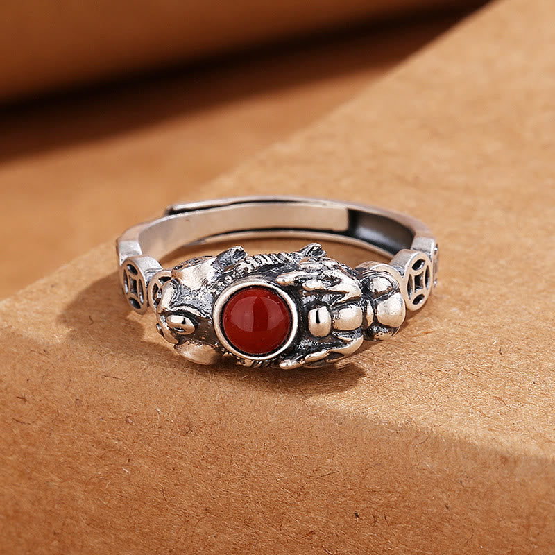 PiXiu Copper Coin Red Agate Wealth Luck Ring