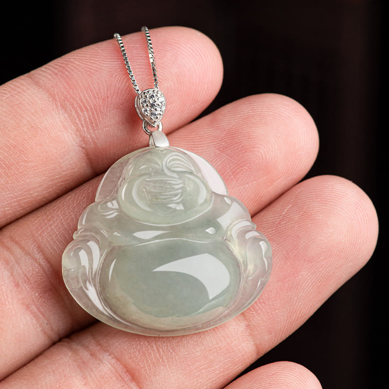 925 Sterling Silver Natural Jade Laughing Buddha Prosperity Abundance Chain Necklace Pendant