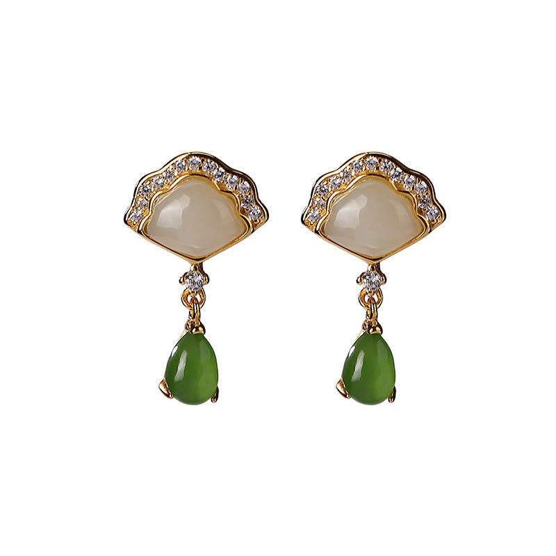 White Jade Cyan Jade Fan Water Drop Pattern Luck Drop Earrings