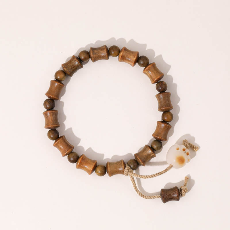 Natural Green Sandalwood & Bodhi Seed Carved Cat Claw Bamboo Bracelet