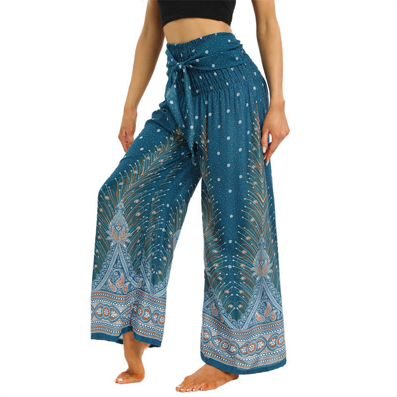 Boho Peacock Feathers Lace-up Wide Leg Pants Women's Yoga Pants