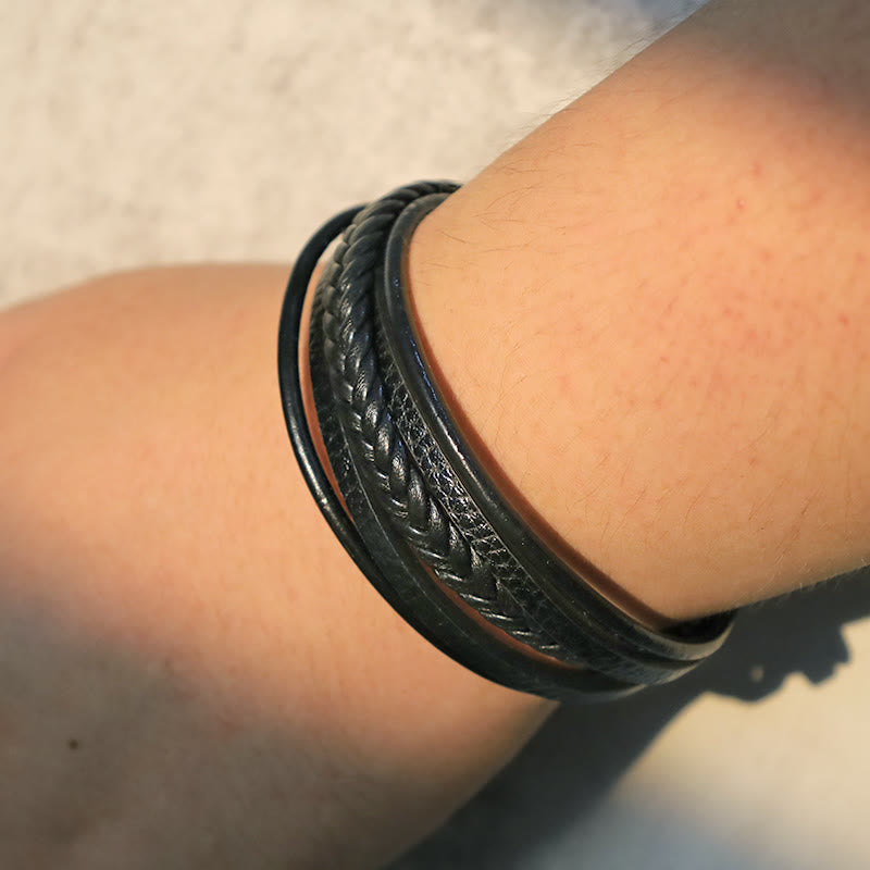 Natural Lava Rock Black Onyx Bead Leather Bracelet