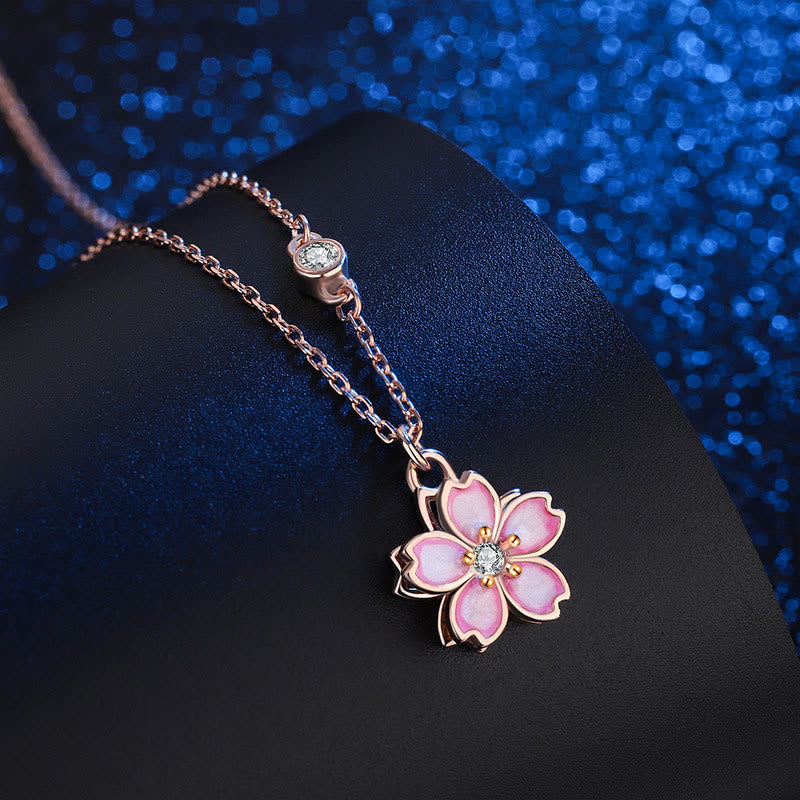 925 Sterling Silver Cherry Blossom Flower Rotatable Protection Necklace Pendant