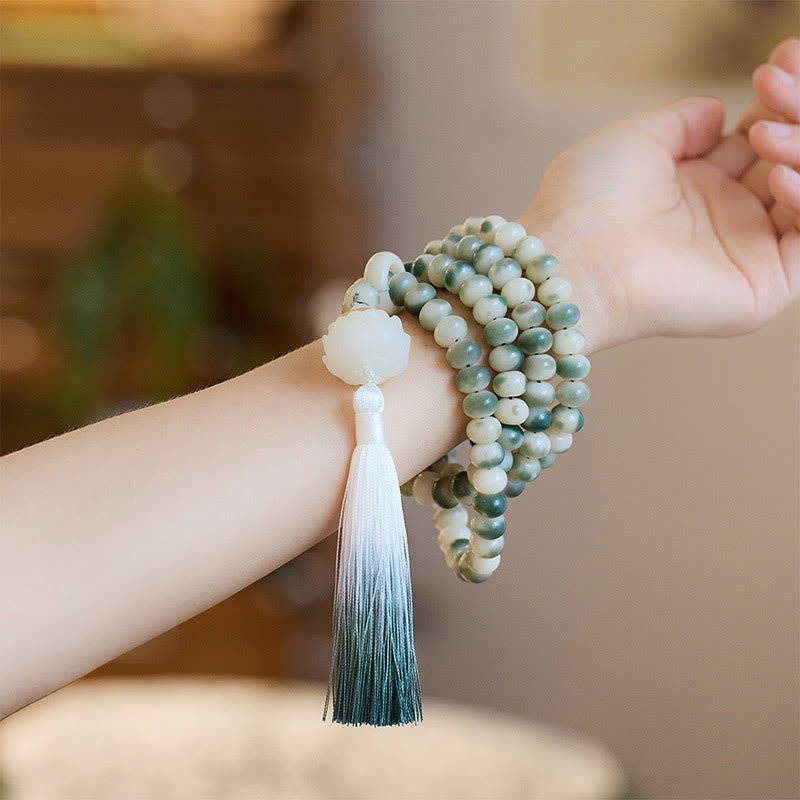 Natural 108 Mala Beads Bodhi Seed Lotus Engraved Wisdom Tassel Bracelet