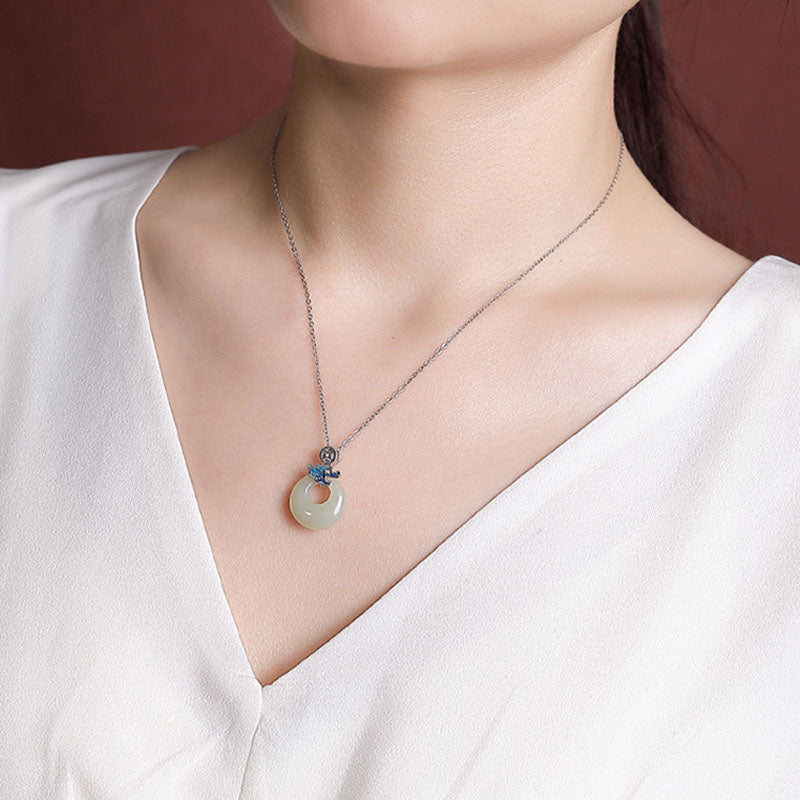 925 Sterling Silver Plated Gold Year of the Dragon Hetian Jade Peace Buckle Copper Coin Abundance Necklace Pendant