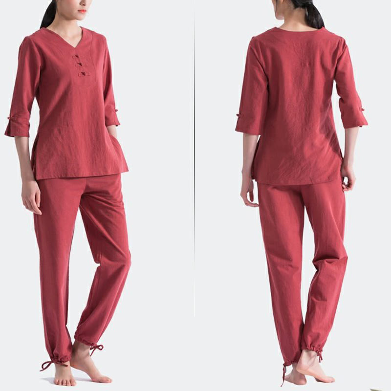 Yoga Meditation Prayer V-neck Design Cotton Linen Clothing Uniform Zen Practice Women's Set
