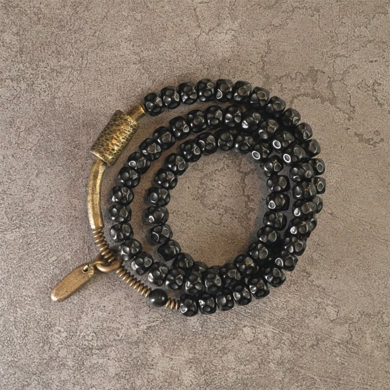 Retro Coconut Shell with Brass and Copper Accents Triple Wrap Bracelet