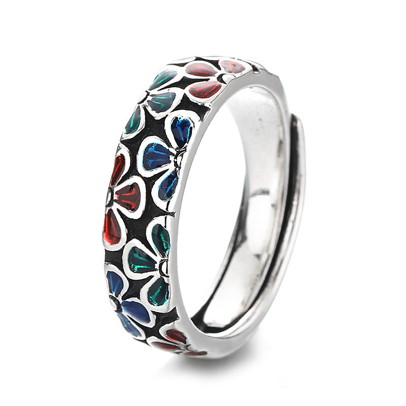 Colorful Plum Blossoms Design Healing Copper Adjustable Ring