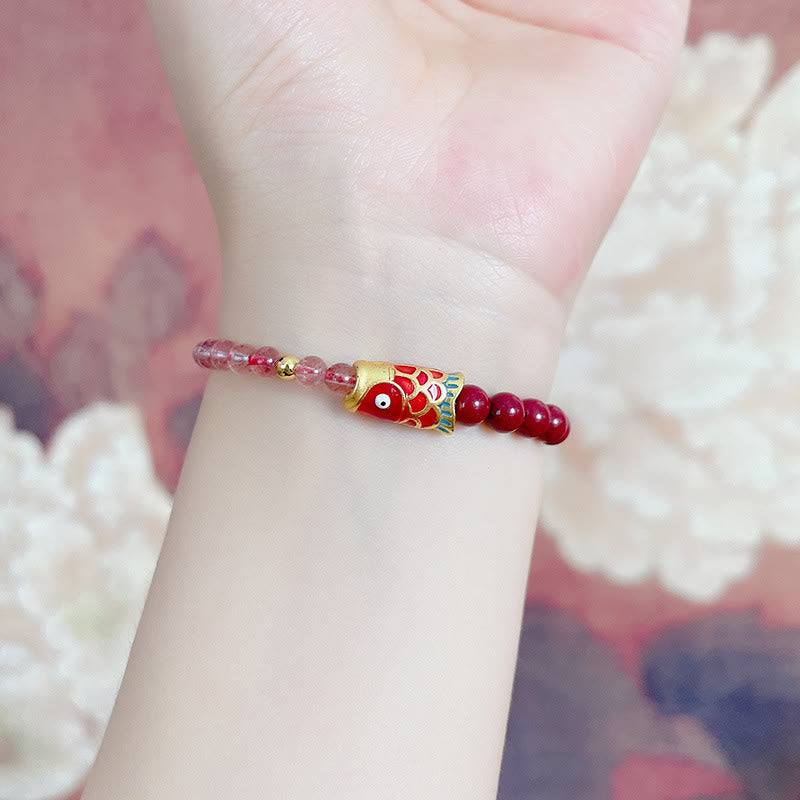 Natural Strawberry Quartz Cinnabar Lucky Koi Fish Healing Bracelet