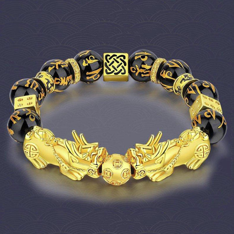 12mm Black Obsidian Beaded Bracelet with Double Pixiu and Om Mani Padme Hum Mantra