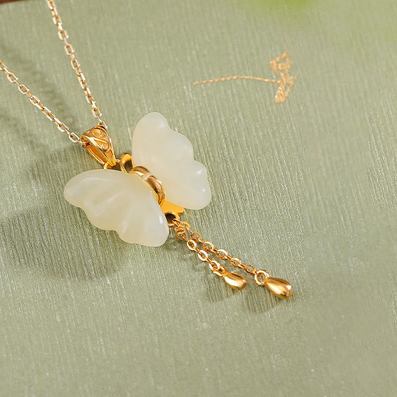 925 Sterling Silver Plated Gold Hetian White Jade Butterfly Blessing Necklace Pendant