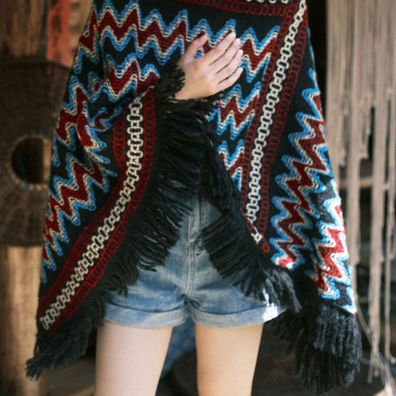 Tibetan Shawl Striped Knitted Tassels Pullover Winter Cozy Travel Scarf Wrap