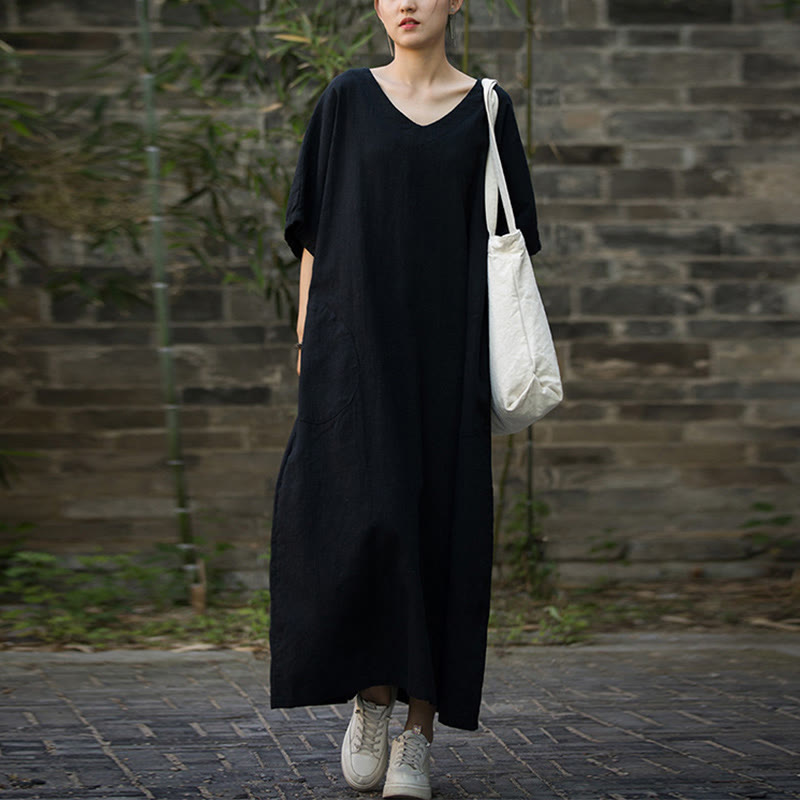 Solid Color V-Neck Half Sleeve Ramie Linen Midi Dress With Pockets
