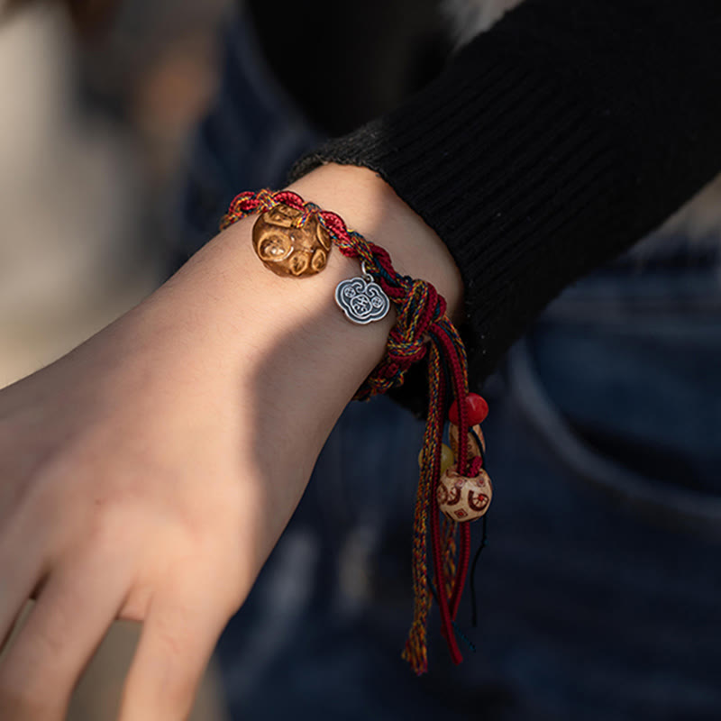 Tibetan Handmade Red String Bracelet with 925 Sterling Silver Koi Fish & Auspicious Clouds