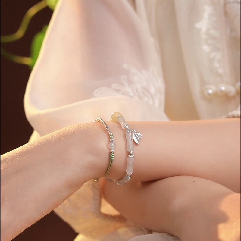 925 Sterling Silver Natural Tianshan Jade Bamboo Charm Luck Bracelet