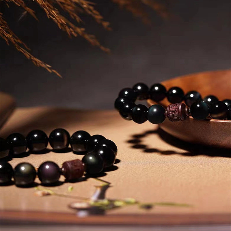 Natural Gold Sheen Obsidian Rainbow Obsidian Om Mani Padme Hum Fu Character Healing Bracelet