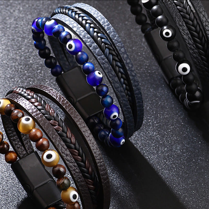 Evil Eye Tiger Eye Protection Beaded Multilayered Braided Bracelet