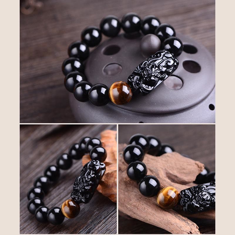 Natural Black Obsidian and Tiger Eye Pixiu Beaded Energy Bracelet