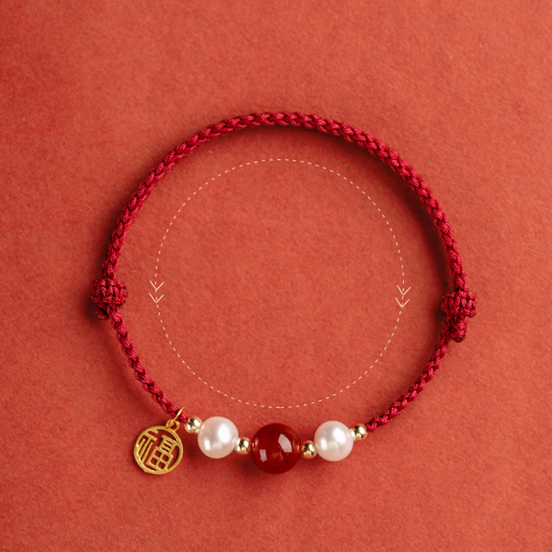 925 Sterling Silver Fu Prosperity Charm Agate Pearl Red String Braided Bracelet