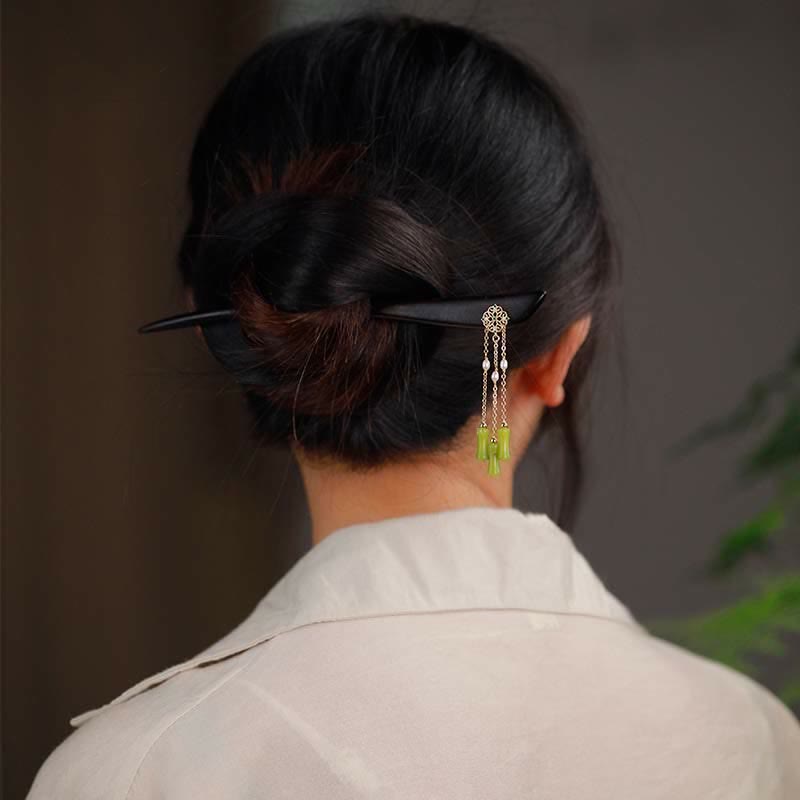 Natural Peridot Ebony Wood Love Tassels Hairpin