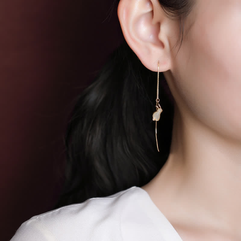 925 Sterling Silver Year of the Rabbit Hetian White Jade Happiness Drop Earrings (Extra 35% Off | USE CODE: FS35)