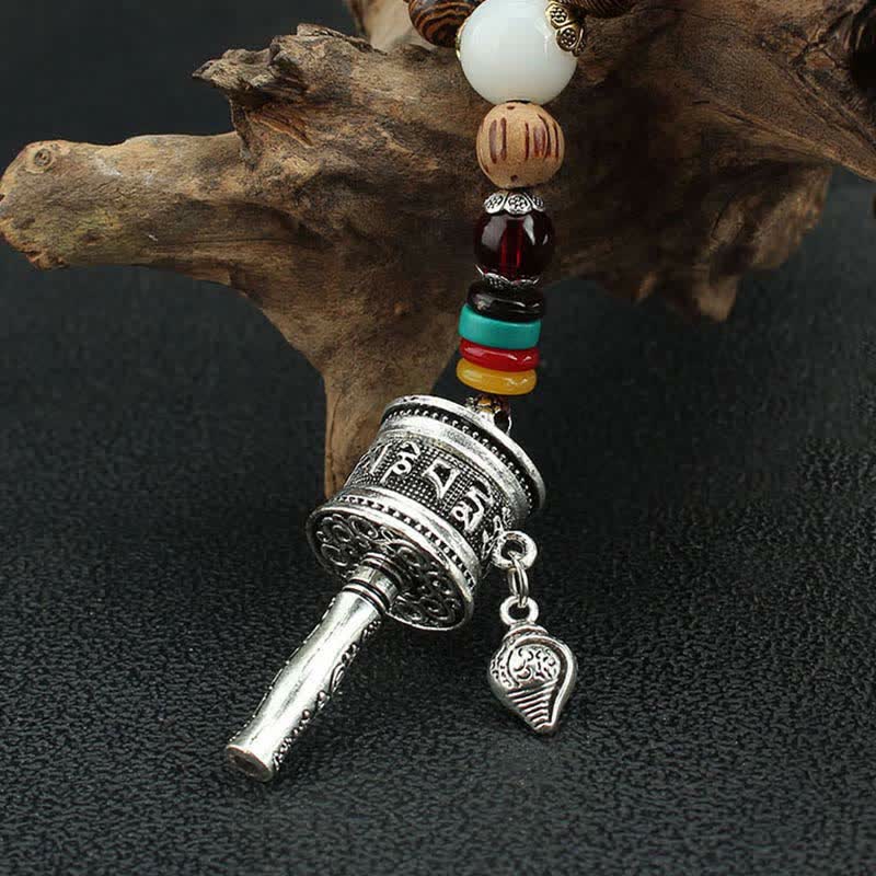 Tibetan Om Mani Padme Hum Prayer Wheel Rotation Vajra Wood Necklace Pendant