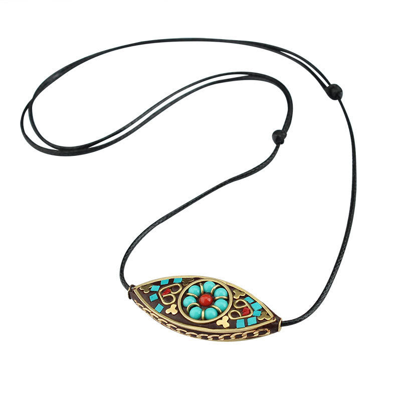 Tibet Turquoise Bead Marquise Pattern Protection Strength Necklace Pendant
