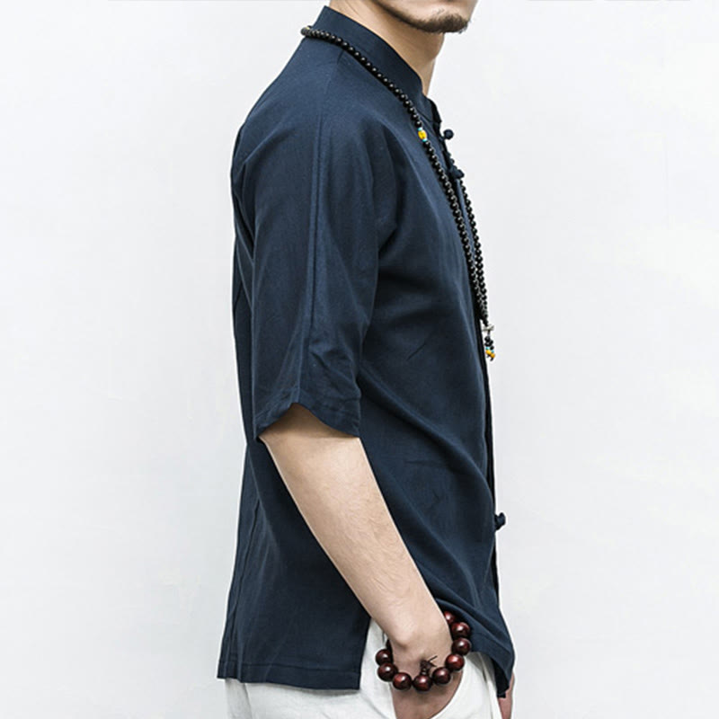 Chinese Frog-Button Tang Suit Zen Half Sleeve Shirt Linen Men Clothing