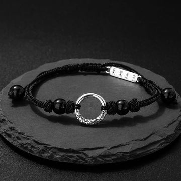 925 Sterling Silver Black Onyx Ping An Kou Peace Buckle Adjustable Bracelet