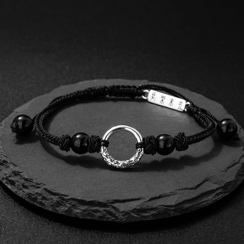 925 Sterling Silver Black Onyx Ping An Kou Peace Buckle Adjustable Bracelet