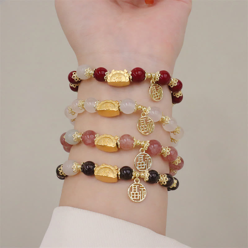 Year Of The Dragon Red Agate Strawberry Quartz Black Obsidian Jade Garnet Pearl Cinnabar Dumpling Dragon Luck Fu Character Bracelet