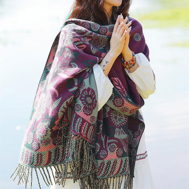 Tibetan Flower Floral Leaves Pattern Design Shawl Cozy Travel Scarf Wrap