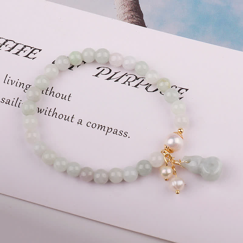 Natural Jade and Pearl Wu Lou Gourd Bracelet with Gold and Copper Accents