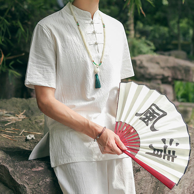 2Pcs Men's Short Sleeve Shirt Top T-Shirt Pants Meditation Zen Tai Chi Cotton Linen Clothing Set