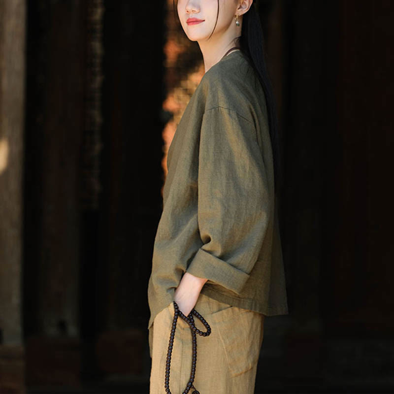 Solid Color Ramie Linen Loose Blouse Long Sleeve Shirt Chinese Hanfu Top