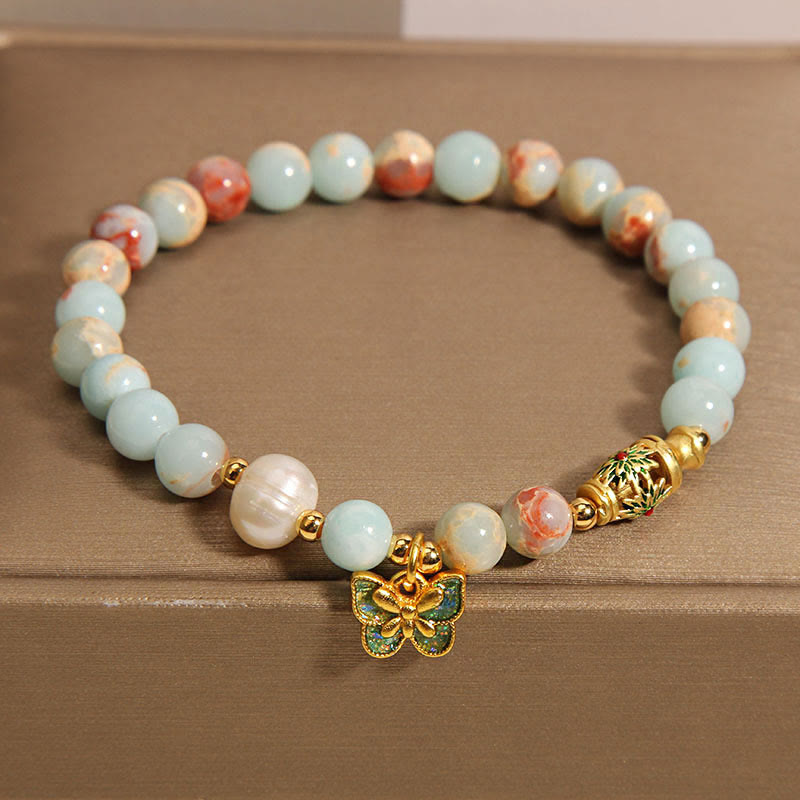 Shoushan Stone and Pearl Beaded Butterfly Charm Bracelet