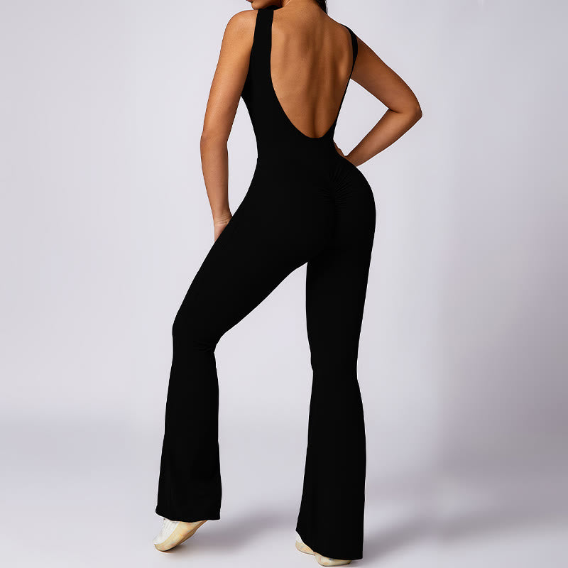 Women Casual Sleeveless Jumpsuit Flare Pants Sports Fitness Yoga Bodysuit