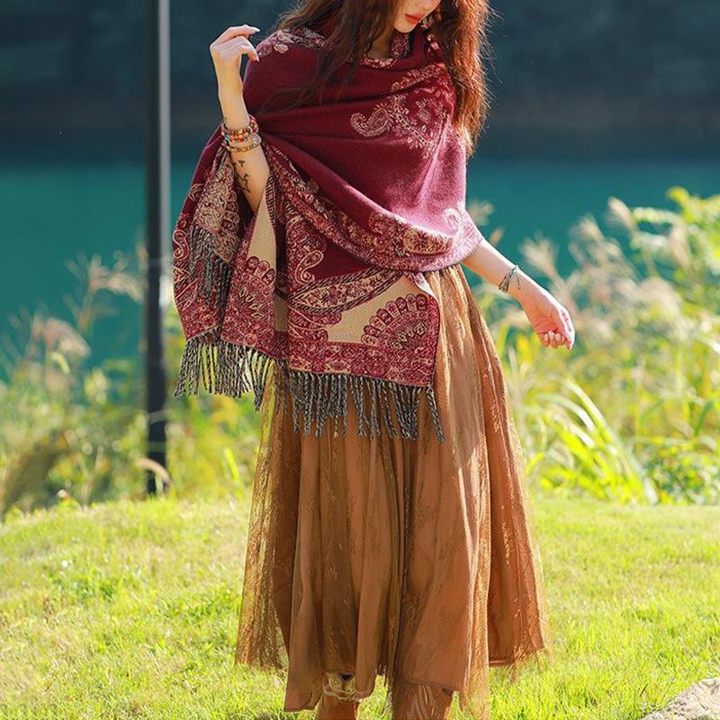 Tibetan Vine Leaves Pattern Design Shawl Cozy Travel Scarf Wrap