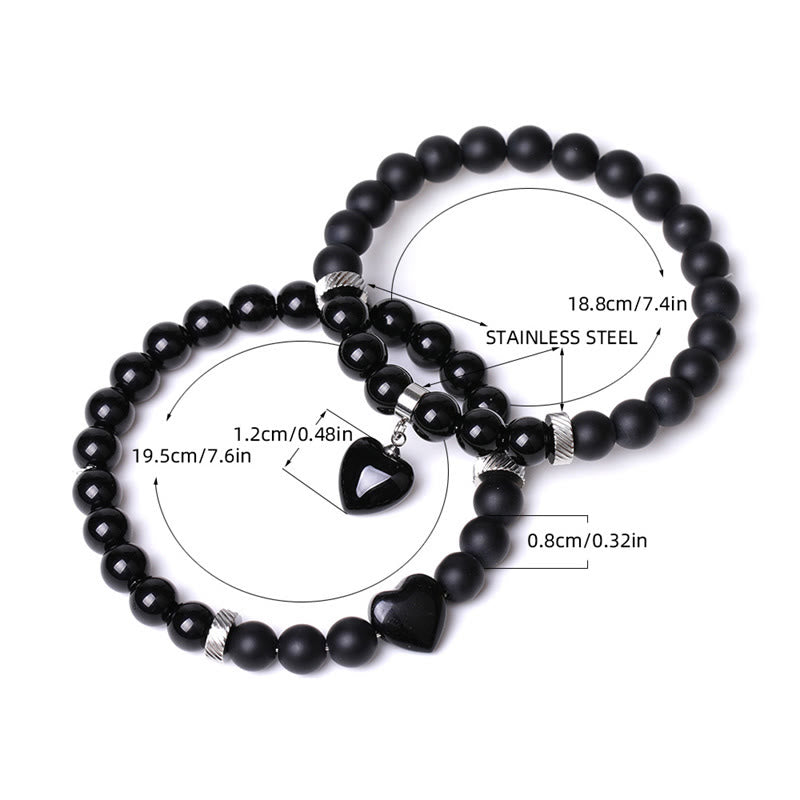 2Pcs Black Onyx Crystal Stone Love Heart Protection Support Couple Bracelet