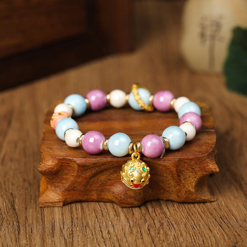 Tibetan Zakiram Goddess of Wealth Rabbit Lion Head Charm Liuli Glass Incense Ash Porcelain Bead Protection Bracelet