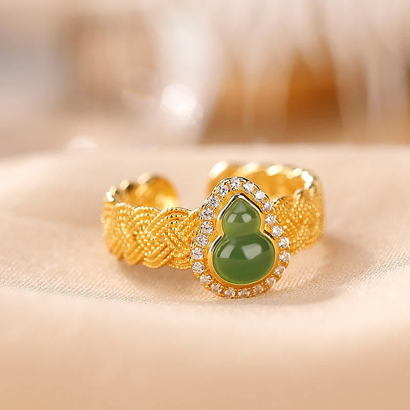 925 Sterling Silver Plated Gold Natural Hetian Cyan Jade Gourd Luck Bracelet Ring Set