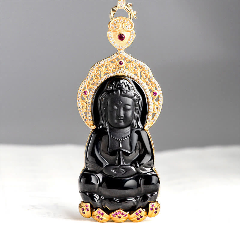 925 Sterling Silver Natural Black Jade Kwan Yin Avalokitesvara Wealth Necklace Pendant