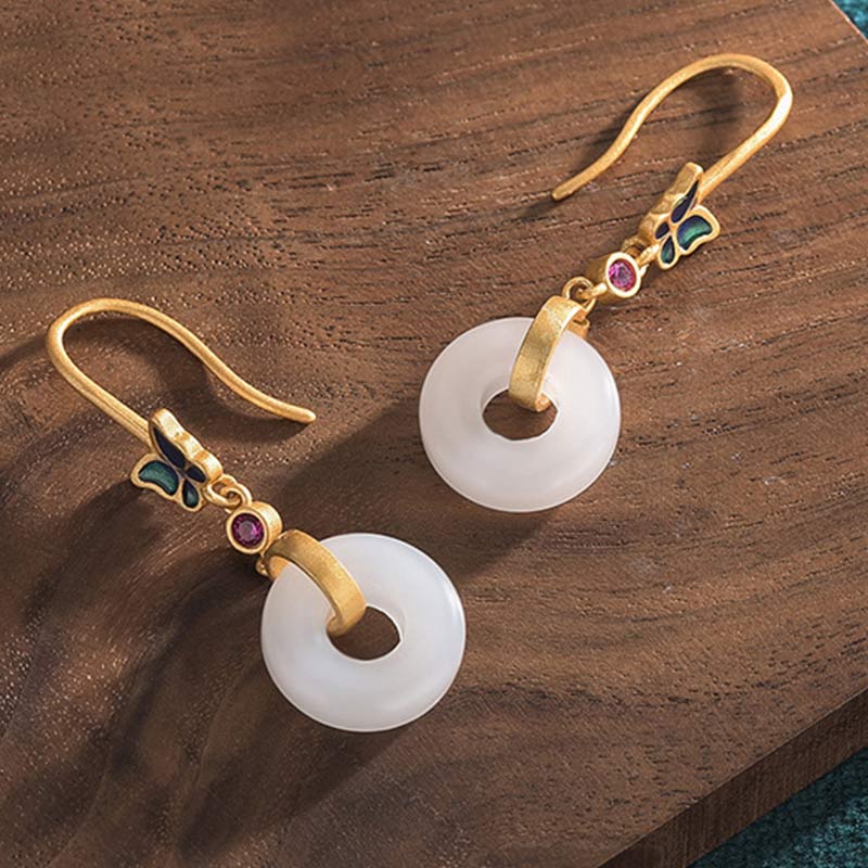 Handcrafted White Jade Butterfly Copper Dangle Earrings