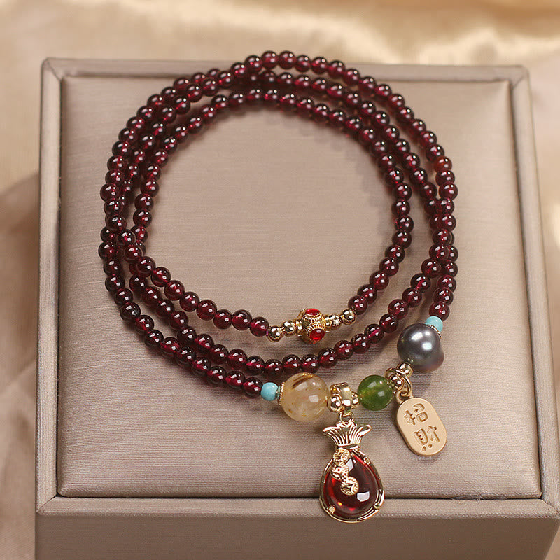 Multi Layered Natural Garnet Jade Coin Money Bag Attracting Wealth Protection Bracelet