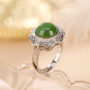 925 Sterling Silver Hetian Cyan Jade Flower Design Adjustable Ring