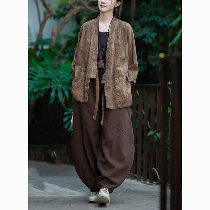 Hanfu Design Three Quarter Sleeve Ramie Linen Coat Open Front Top Jacket