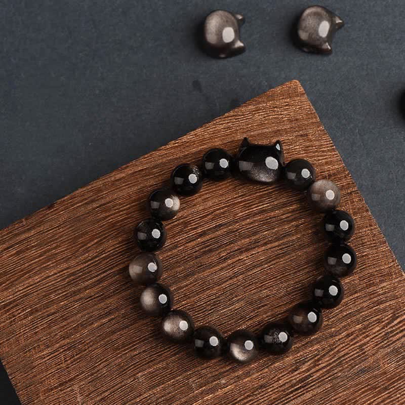 Handmade Gold & Silver Sheen Obsidian Feline Motif Beaded Bracelet
