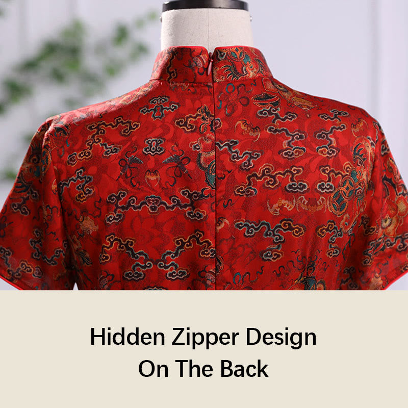 Vintage Auspicious Clouds Leaf Print Cheongsam Dress Women's Qipao Dress